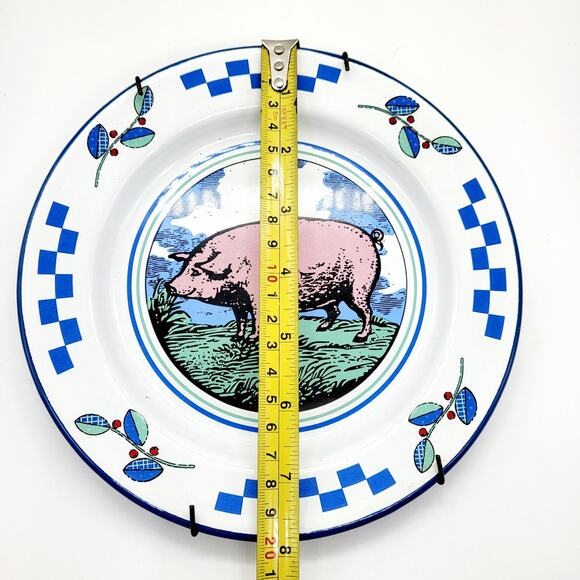 Vtg Midwest Importers Barnyard Animals Enamel Pig Checkered Display Metal Plates - Picture 9 of 11